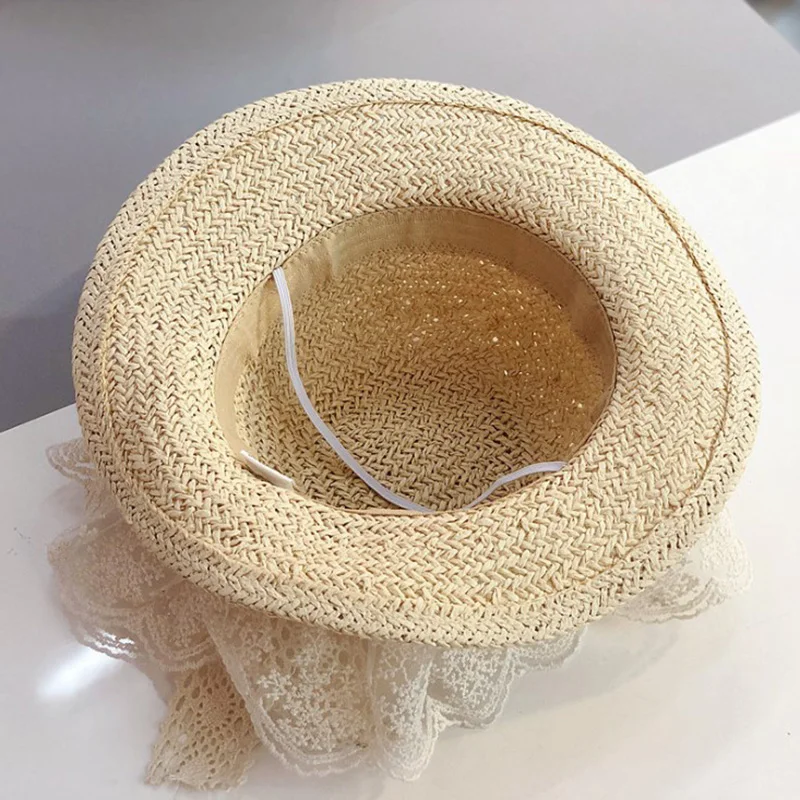 

2021 New Lace Baby Hat with Bow Summer Princess Kids Cap for Girls Beach Children Fashion Panama Straw Hats Sun Hat 1 PC
