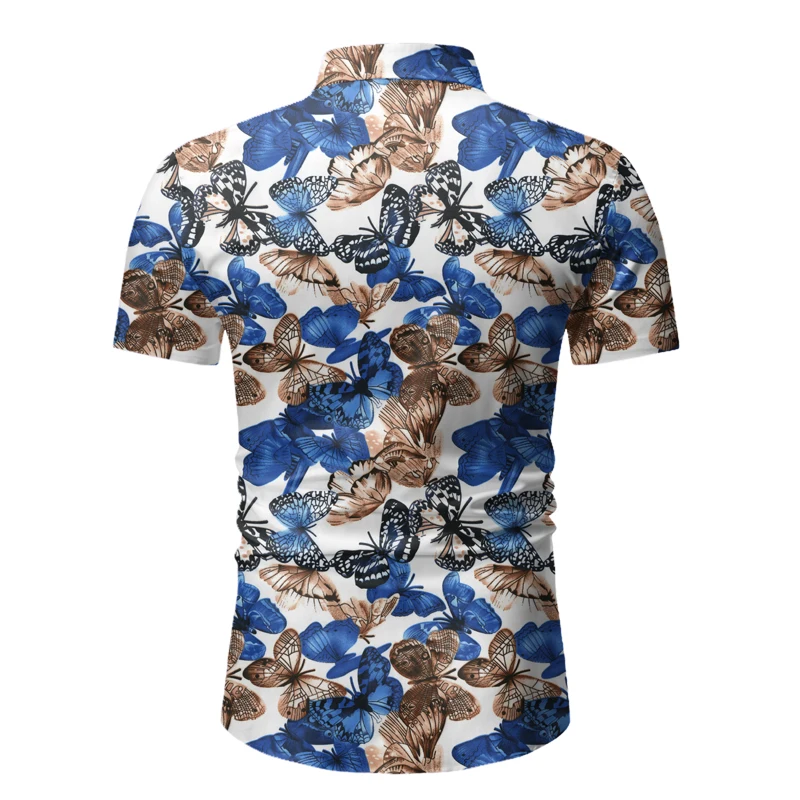 Мужская Повседневная пляжная рубашка синяя модель 2020 Облегающая с коротким
