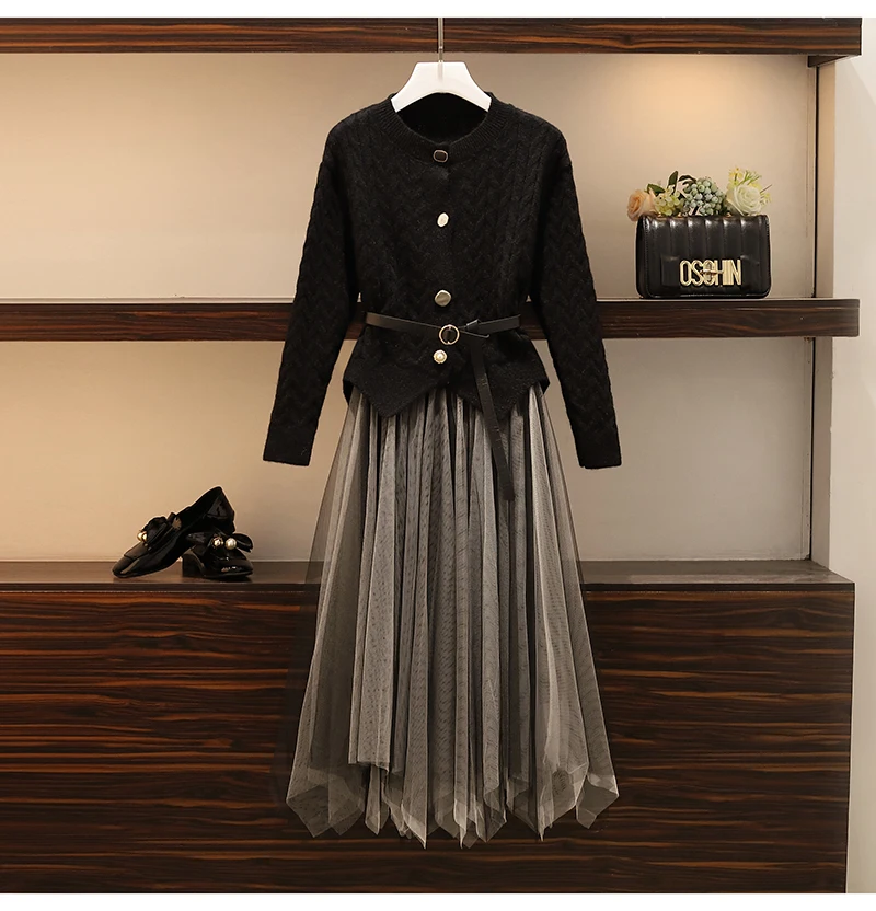 Trytree Autumn Winter Two piece set Casual O-neck Single Breasted Belt Top+ Skirt Elastic Waist Fashion Set 2 Piece Set