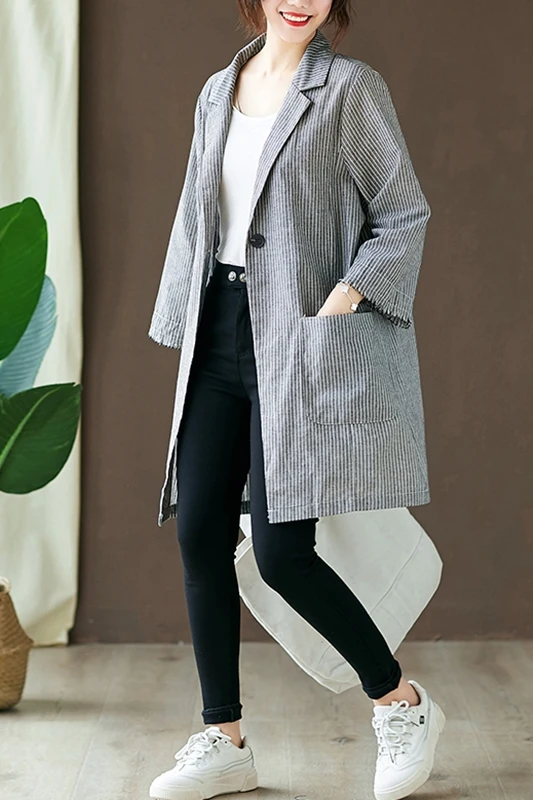 

Cotton and Linen Large Size Autumn Women 2020 New Retro Striped Suit Jacket Casual Loose Mid Length Suit