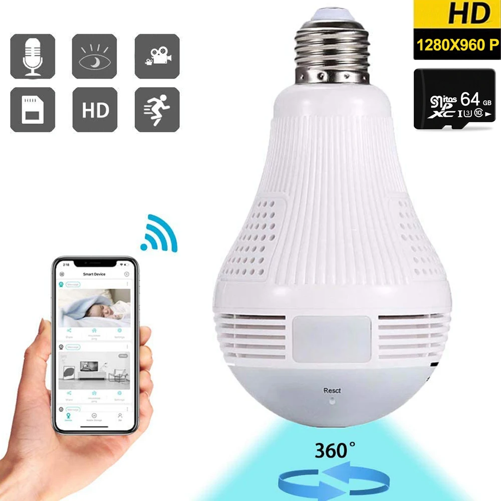 

Wi-fi Wireless LED 360 degrees Panoramic Bulb Light Camera AC 100 to 240V 960P E27 Dome Full HD 2mp Fisheye Light lamp IP P2P