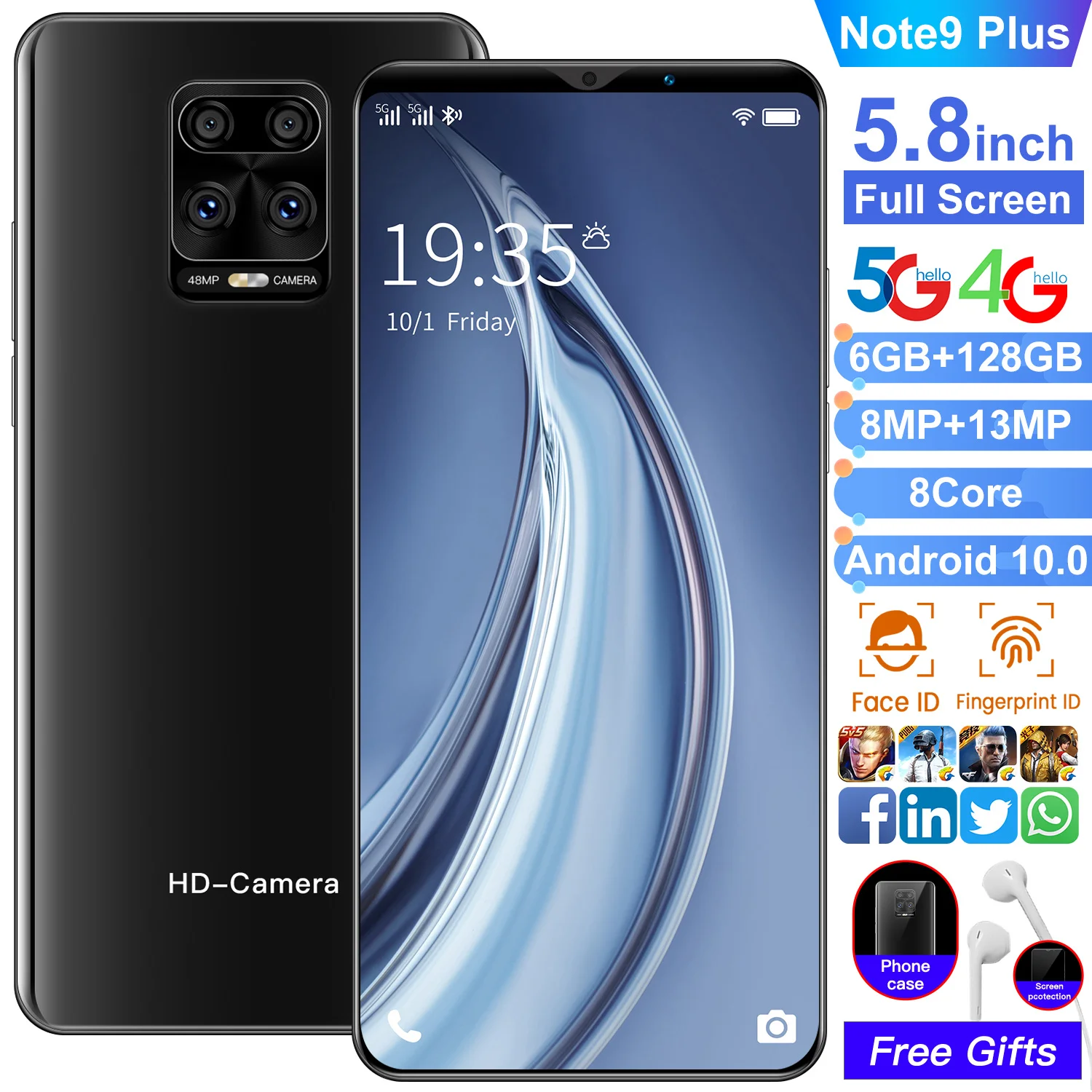 

Note9 Plus 2021 Global Version 5.8Inch 6+128G 8 Core 8MP+13MP Cellphones Android 10.0 Face Fingerprint ID 4800mAh Smart Phone