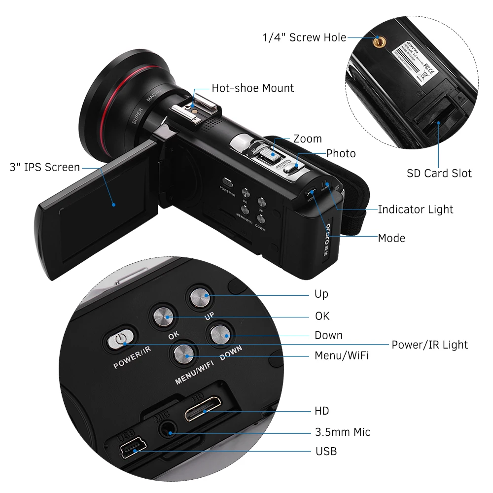 ORDRO HDV-AE8 4K WiFi 24MP 16X цифровой зум ИК Ночное Видение цифровая видеокамера DV рекордер