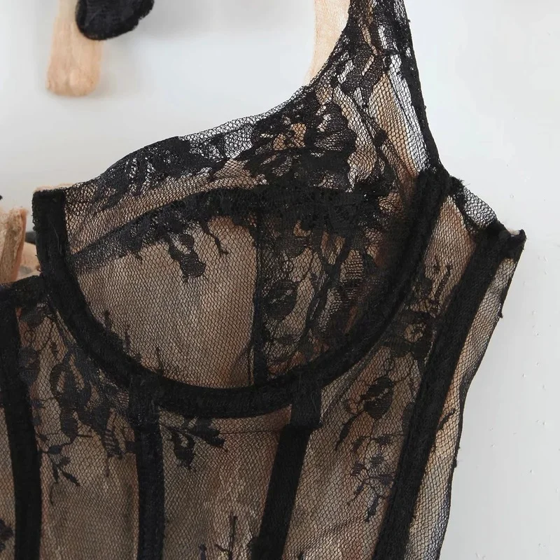 Chic Double Lace Hook Flower Slim Camisole Sexy Backless Bandage Neck-mounted Camis Summer Moda Crop Top Mujer Verano 2021