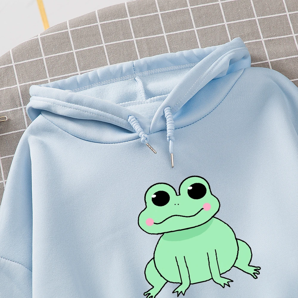Sport Wear Women Hooded Sweatshirt Fleece Drawstring Pullover Hoodies Vintage Thick Hoodies Jacket for Girl Frog Hood Sweetshirt
