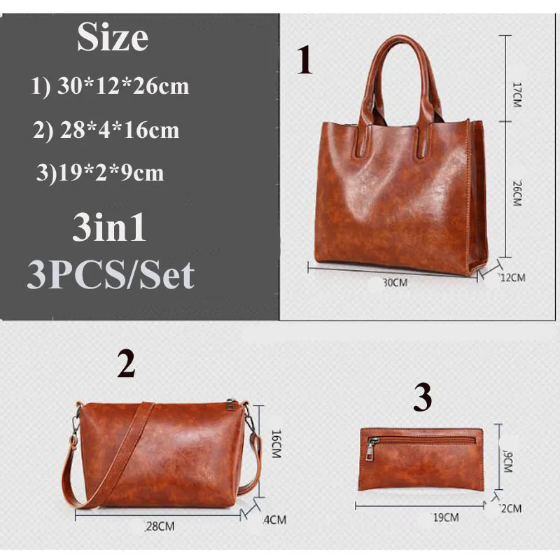 

Anaph Women Oil wax PU leather Shoulder Messenger Tote Bag Set 3pcs/Set Composite Bag High Quality Ladies Handbag Female Fashion