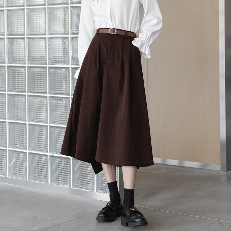 

Vintage Brown Corduroy Pleated Skirts Women Autumn and Winter New Korean Loose High Waist Long Skirt Female Elegant