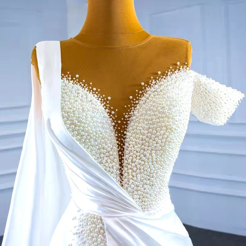 RSM67238 Elegant Slim-fit White One-shoulder Short-sleeved Fishtail Banquet Party Dress 2021 Beaded Deep V-neck Floor Dress