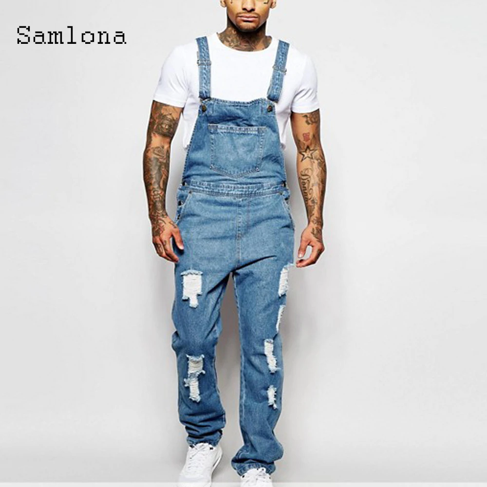 Samlona Men's Jeans Casual Denim Overalls Pantalons Fashion 2021 New Summer Hop Ripped Jumpsuits