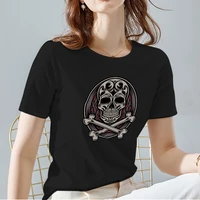 tshirts women skulls pattern print series high quality soft black short sleeve tops casual o neck basis tee womens clothing