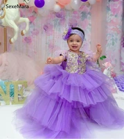 new purple flower girls dresses o neck cap sleeve lace ball gown birthday party sweet girls special pageant gowns