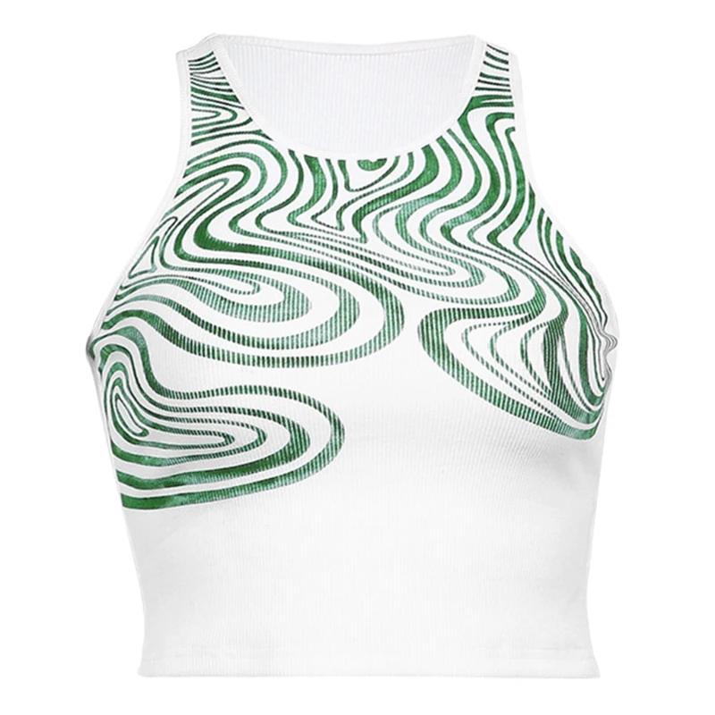 

Women Sleeveless Wavy Striped Print Crop Top Sexy Ribbed Racerback Cami Vest