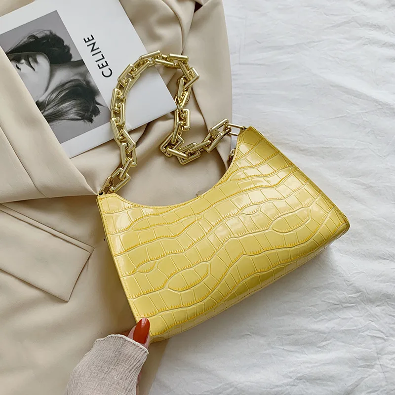 

Women Crocodile Baguette Bag Luxury Designer Shoulder Bags Ladies pu Leather Stone Pouch Purse Retro Shoulder Bags for women
