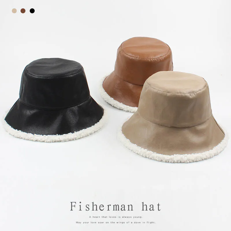 2020 Hat new Autumn Winter Women PU Leather Bucket Hats Fashion Lambswool Keep Warm Fedoras Casual Travel Simplicity Cap QDKPOTC
