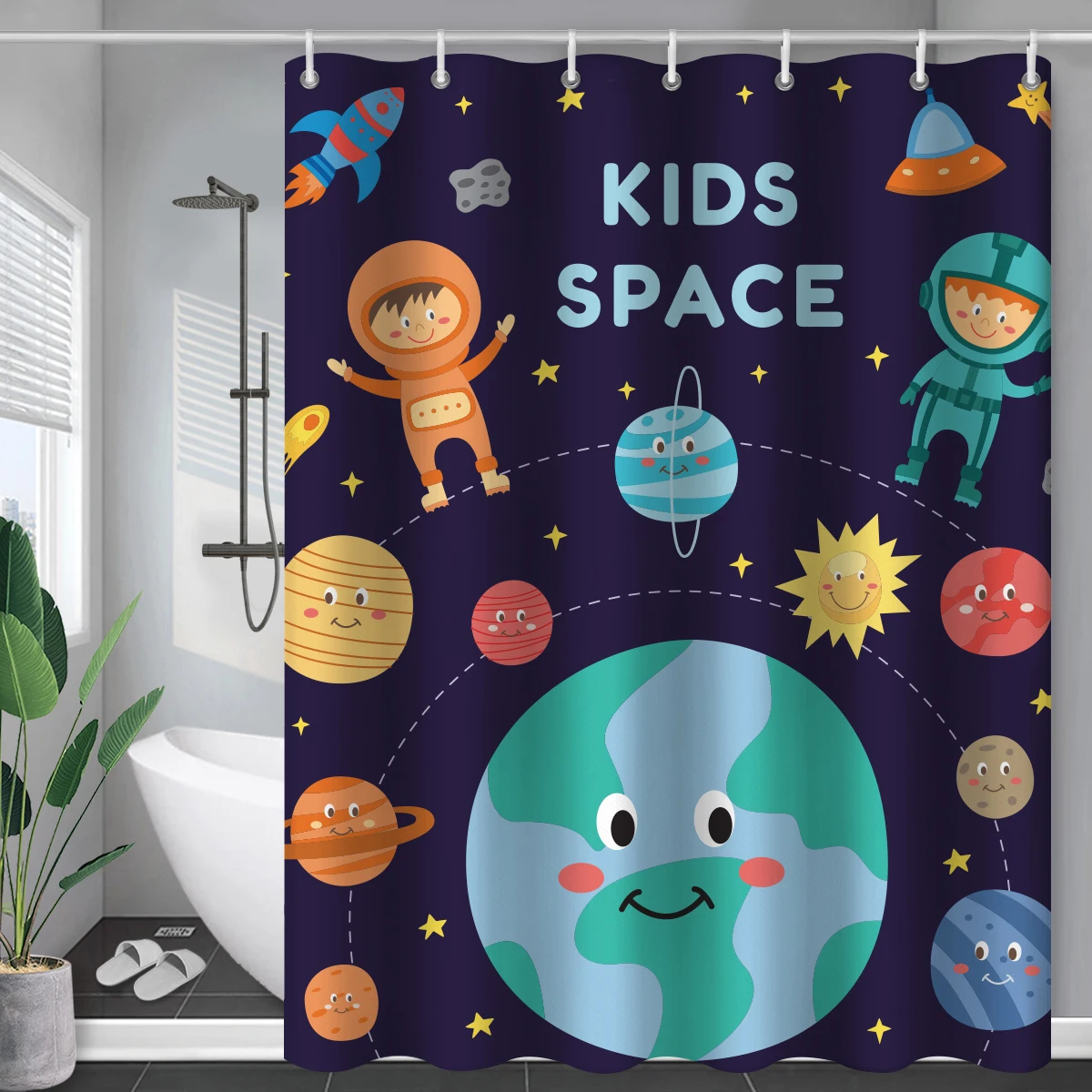 

Outerspace Theme Blue Shower Curtains Bathroom 3D Print Waterproof Fabric With Hooks Earth Rocket Pattern Decor Bathtub Curtains