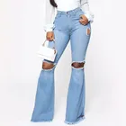 Женские рваные джинсы, соблазнительные расклешенные брюки с бахромой, женские брюки, синие джинсы со средней талией, Модные Элегантные повседневные удобные брюки, новинка 2020