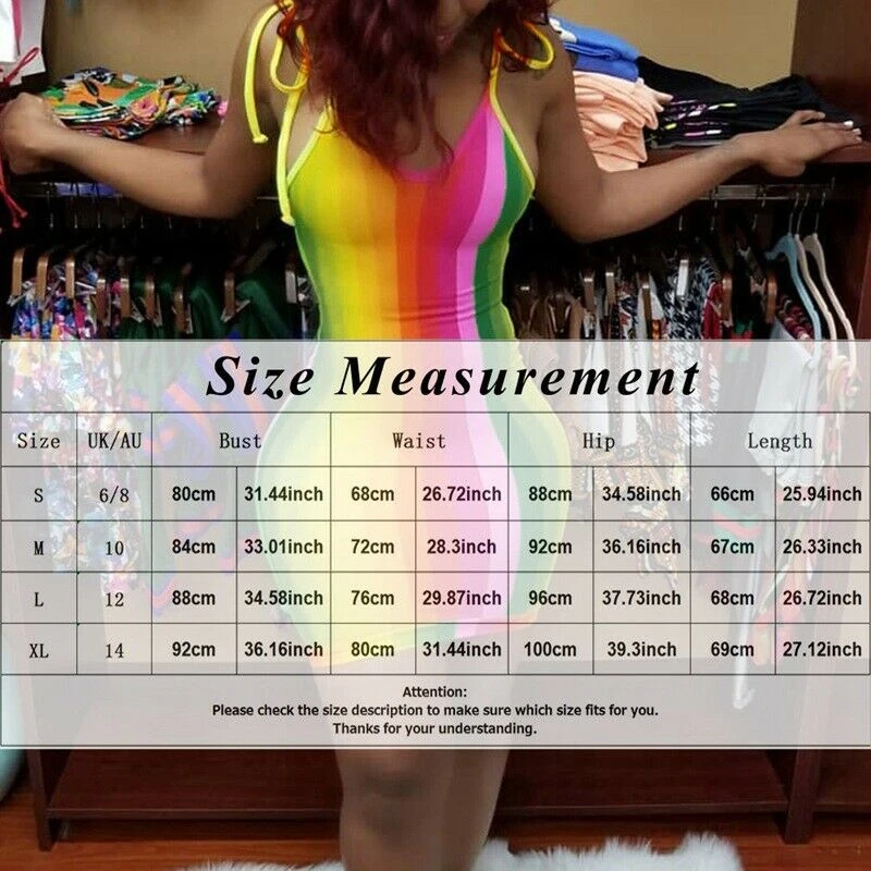 New Fashion Women Strap Sleeve Mini Dress V Neck Rainbow Stripe Bodycon Ladies Sexy Club Party Wear Summer | Женская одежда