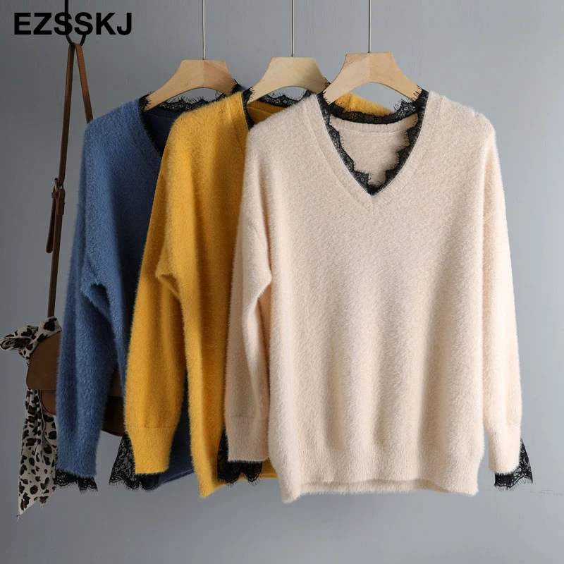 Женский толстый меховой свитер-пуловер с v-образным вырезом кружевной Свитер