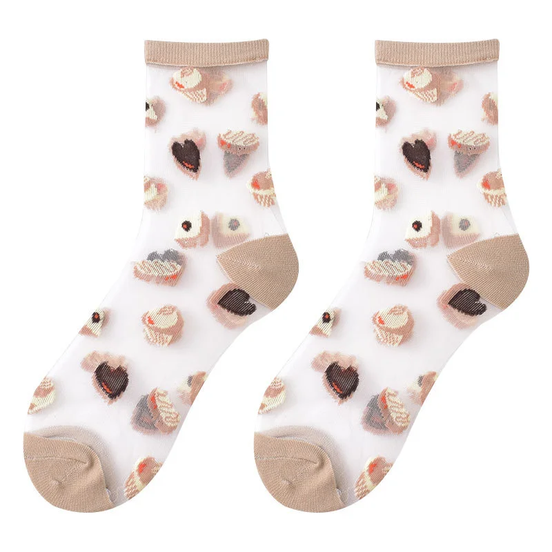 

5 Pairs Spring Summer thin Comfy Crystal Silk Socks Tide Socks Japanese Korean Sushi Eggs Food Women Transparent Glass Silk Sock