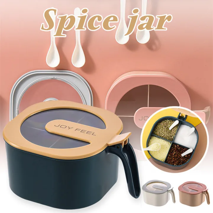 

4 Compartments Kitchen Seasoning Box with Lid and Spoons Spice Storage Container Condiment Jars
