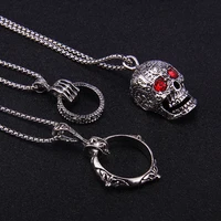 fashion punk red imitation diamond skull magic ring pendant necklace for men women 2021 trend stainless steel chain jewelry gift