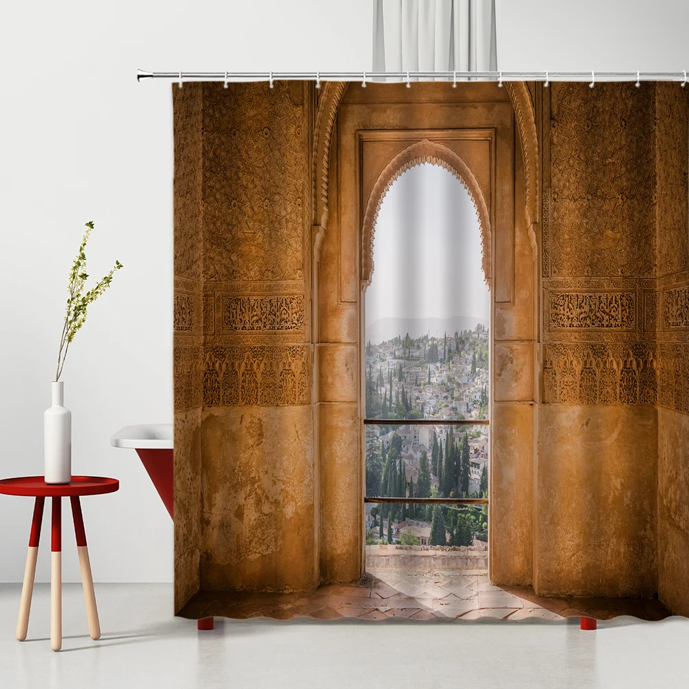 

Morocco Building Shower Curtain Modern Architecture Landscape Pattern Bathroom Decor Polyester Bath Cloth Curtains Set With Hook