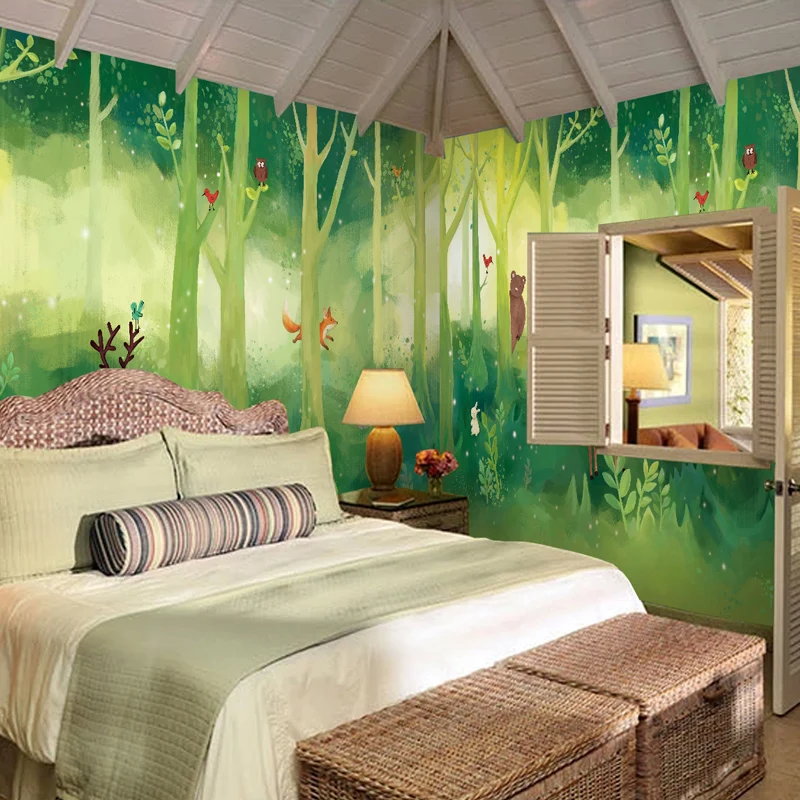 Пользовательские 3d росписи мультфильм обои зеленый лес детская комната обои для детского сада нетканые обои настенная живопись