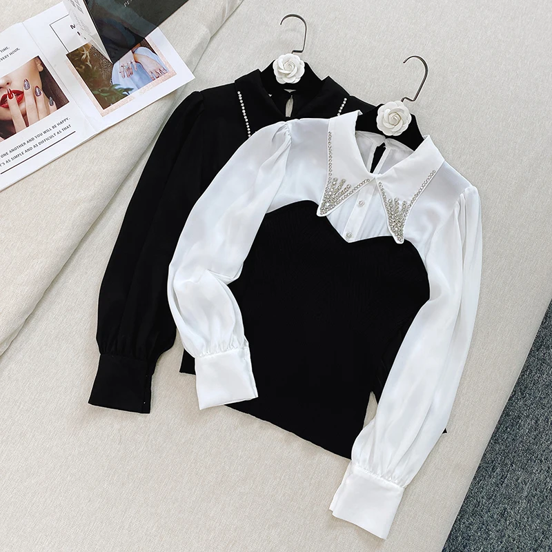 

Новинка, модная рубашка, свитер со стразами на воротнике, женский дизайн, шикарный топ в стиле партии