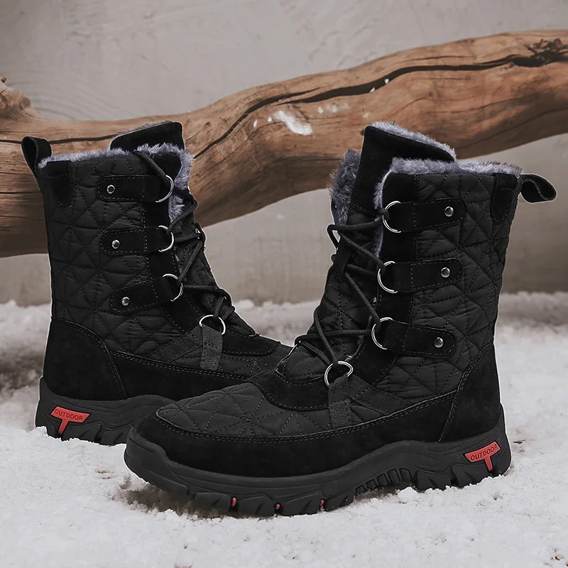 

Зимние мужские теплые плюшевые ботинки, брендовые черные мужские высокие ботинки, уличные водонепроницаемые Нескользящие походные ботинк...