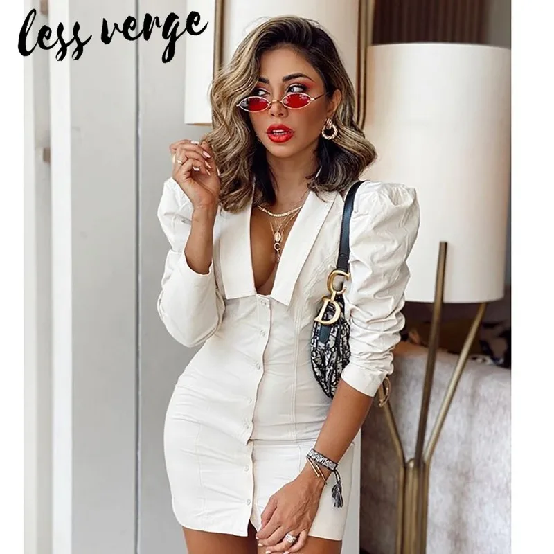 Lessverge элегантное белое платье рубашка с рукавами фонариками женское облегающее