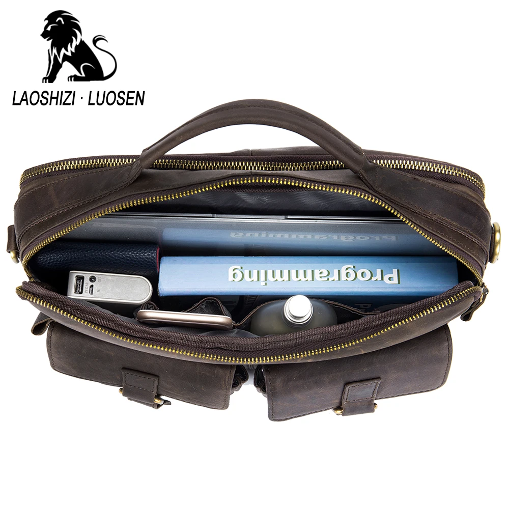 LAOSHIZI LUOSEN Vintage Men Briefcase Oil Wax Genuine Leather Tote Bag Crossbody Messenger Shoulder Bags Handbags 91501 | Багаж и сумки