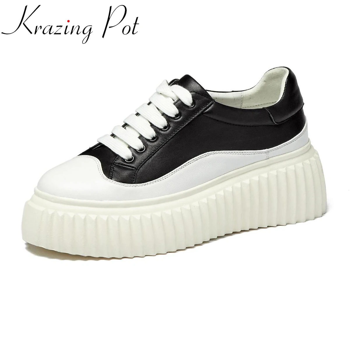 

Кроссовки Krazing Pot белые на шнуровке, натуральная кожа, круглый носок, Вулканизированная подошва, Нескользящие, увеличивающие рост, ручная ра...