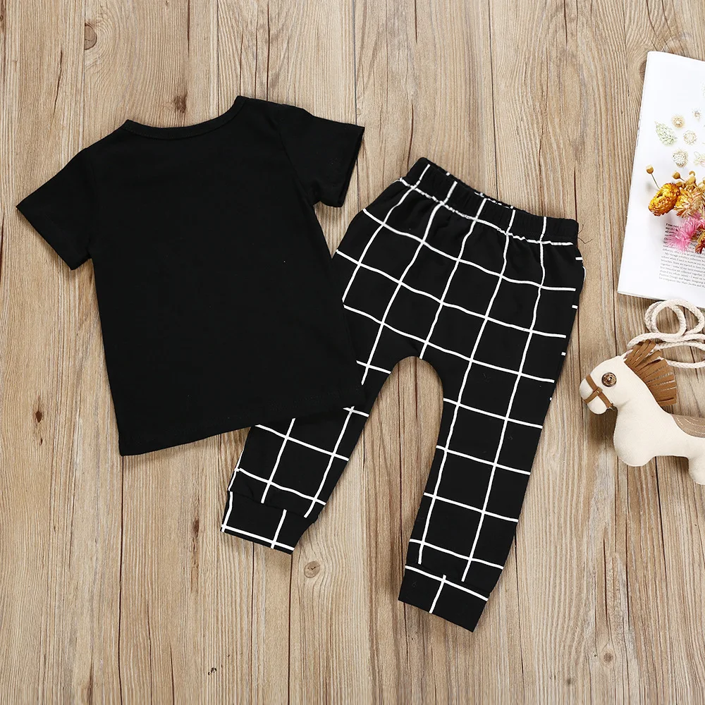 Summer Kids Boys Clothing Short Sleeve Top Next Level Boss T-shirt Plaid Pants Outfits 2pcs Set Toddler |
