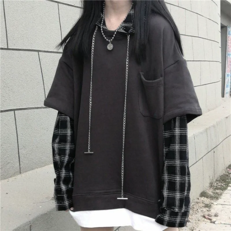 

Black Hooded Sweatshirt Women Plaid Hoodies Harajuku Patchwork Pullover Loose Fashion Women Coat Long Sleeve Sudaderas 2021