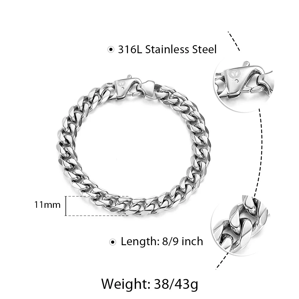 11mm 316L Stainless Steel Bracelet for Men Cuban Curb Link Chain Gold Silver Color Heavy Bracelets Wristband 8/9 inch LHBM122A | Украшения