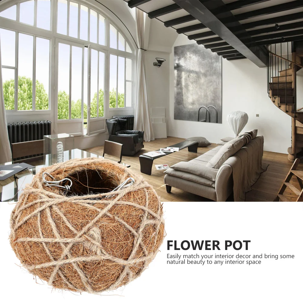 

1Pc Coconut Fiber Basket Hand-knitted Flowerpot Decor Light Brown