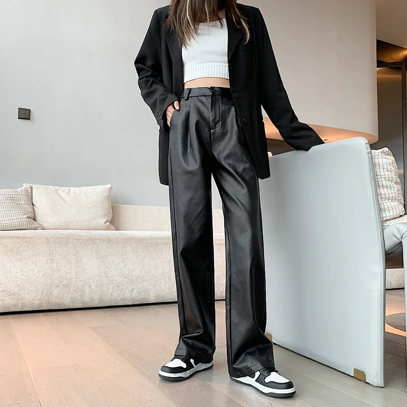 

Black Faux Leather Wide Leg Pants for Womens New 2022 Autumn Winter Elastic Waist Female Loose Pants Streetwear Trousers