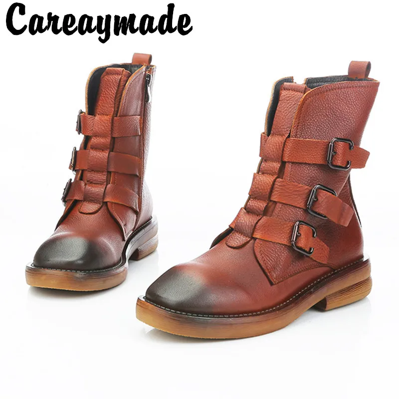 

Careaymade-New Genuine leather retro women's boots side zipper Martin boots handmade belt buckle mid tube bare single boots