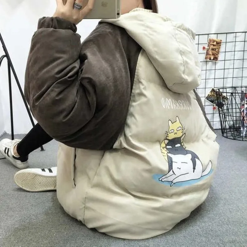 Winter Cotton Jacket Women 2021 New Korean Ins Bread Clothes Kawaii Anime Cat Print Hooded Loose Thickened Casual Short Parker