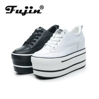 fujin super high thick heel platform flats women casual shoes genuine leather soft high quality casual shoe sneakers white black
