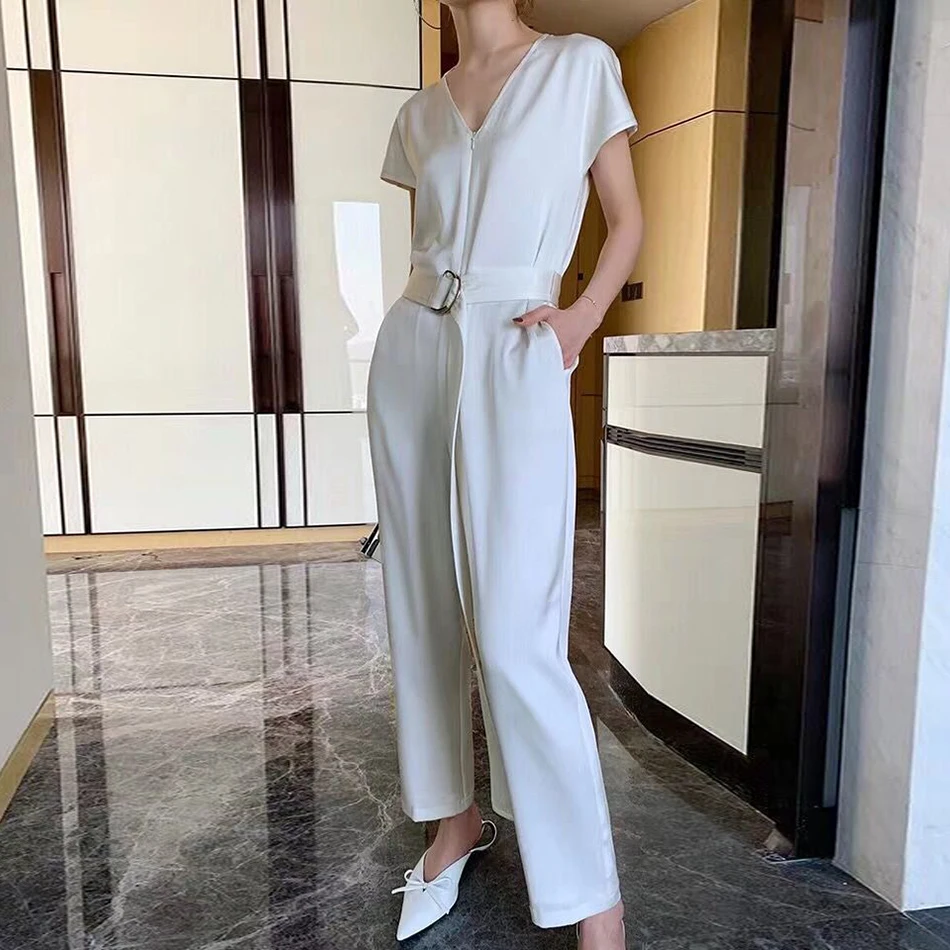 

Summer new elegant women's white slim bodysuit 2019 sexy short-sleeved belt jumpsuit casual ladies party jumpsuit