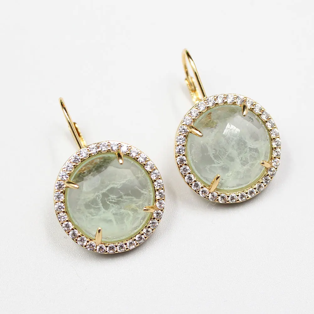 

GG Jewelry Natural Green Quartz Amethyst Green Phantom Crystal Cz Pave Gold color Hook Earrings Cute style For Women