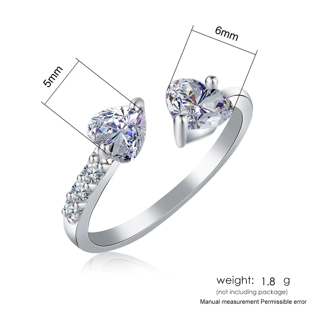 ZHOUYANG Регулируемые кольца для женщин с двойным сердцем из циркония 3 цвета