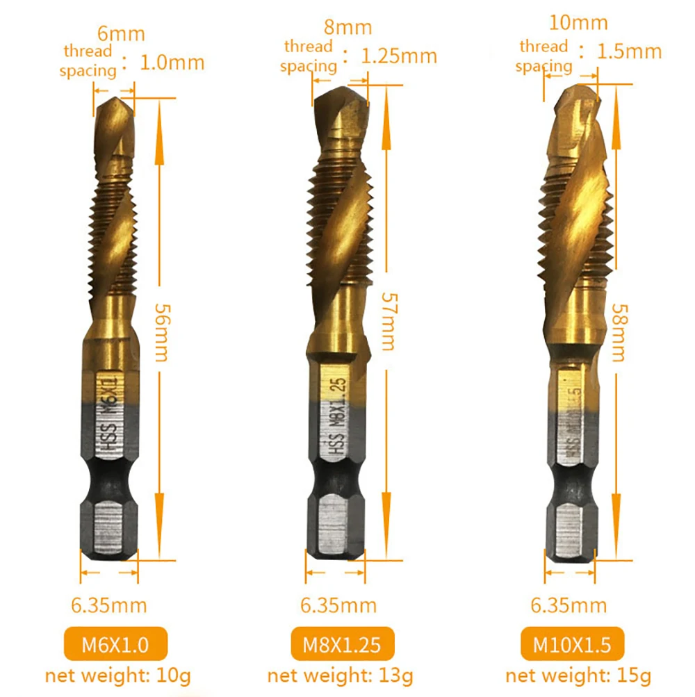 1/6pcs Titanium Plated Hex Shank HSS Screw Thread Metric Tap Drill Bits Machine Compound M3 M4 M5 M6 M8 M10 Hand Tools | Инструменты