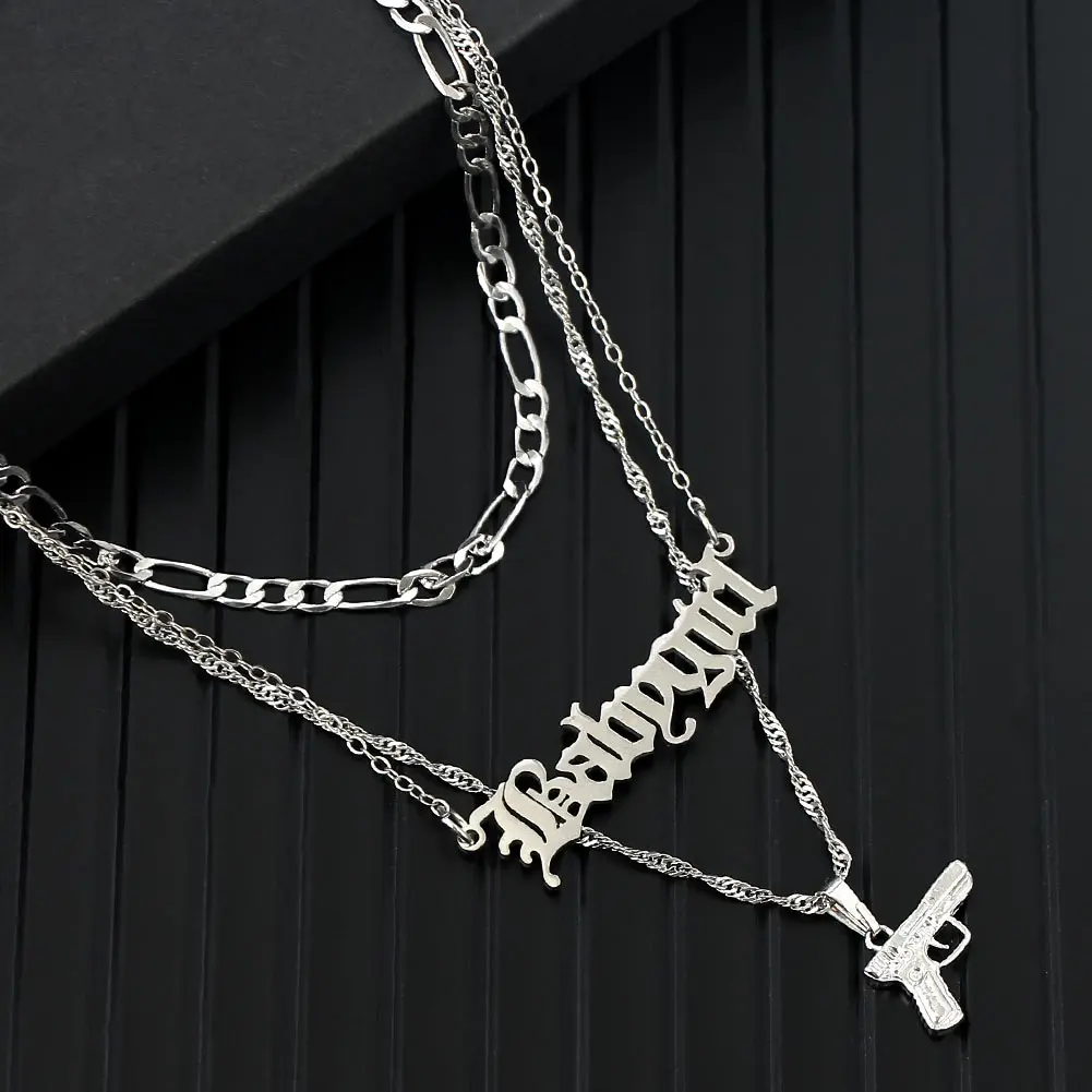 

JUST FEEL New Multilayer Pistol Letter Pendant Necklace Women Silver Color Babygirl Clavicle Chain Necklace Punk Hip-hop Jewelry