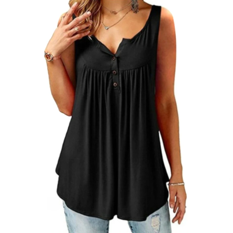 

Summer Women Casual T-shirt Solid Color Loose Large Size Sleeveless Mid-length Buttoned Vest B99