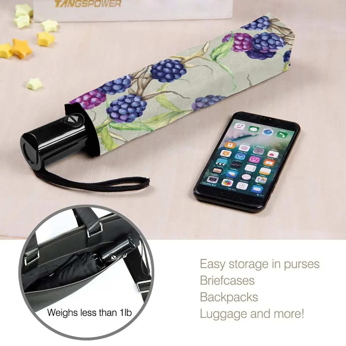 

Automatic Umbrella BlackBerry Berries Watercolor Branch three-fold umbrella women men rain umbrella