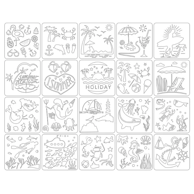 

39XC 20Pcs Sea Animal Stencils Graffiti Tools for Wood Canva Metal Furniture Wall