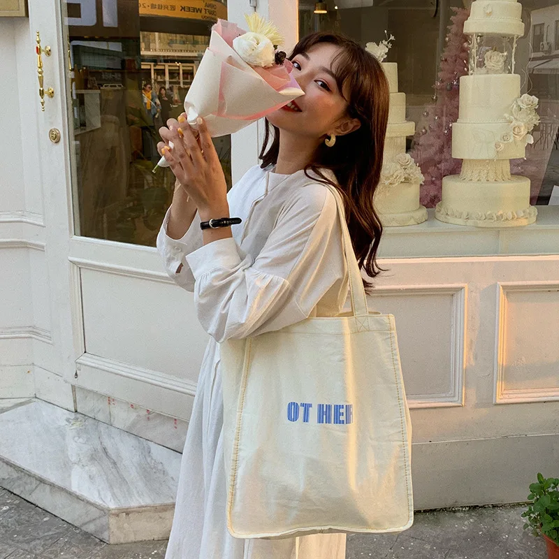 

Women Canvas Shoulder Bag Letters Printing Ladies Casual Handbag Totes Eco Reusable Large Capacity Cotton Shopping Travel Bag