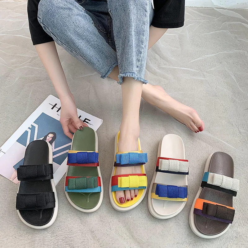 

Slippers Women's Sandals 2021 Summer New Color Matching Bowknot Thick-Soled Slippers Fashion Outer Wear Trifle Bottom Sandals